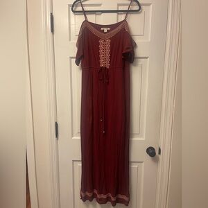 Miami Deep Red Maxi Dress with Embroidery and cold shoulder flutter sleeves